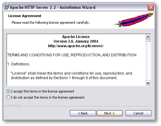 Select "I accept the terms in the license agreement", and then click Next >